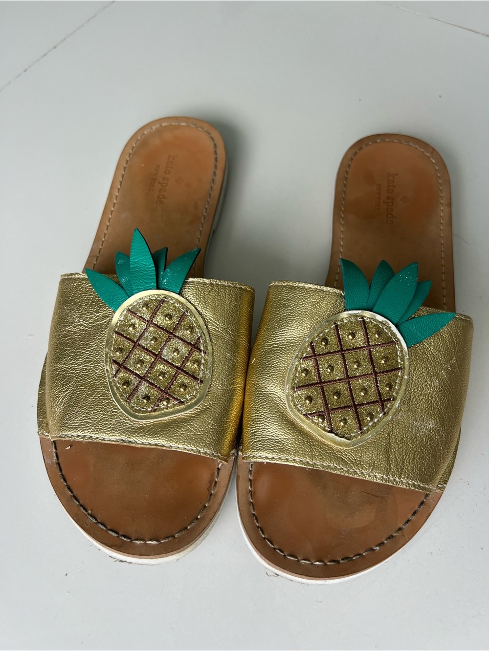 kate spade Gold Slide Sandals with Teal Pineapple Accents